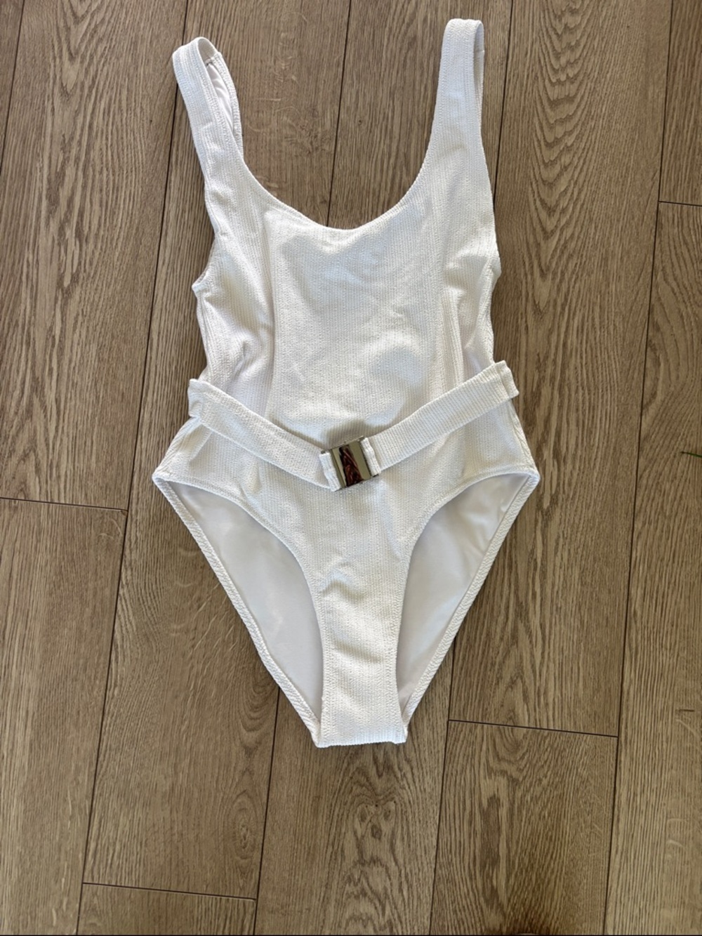 White Textured One-Piece Swimsuit with Belt
